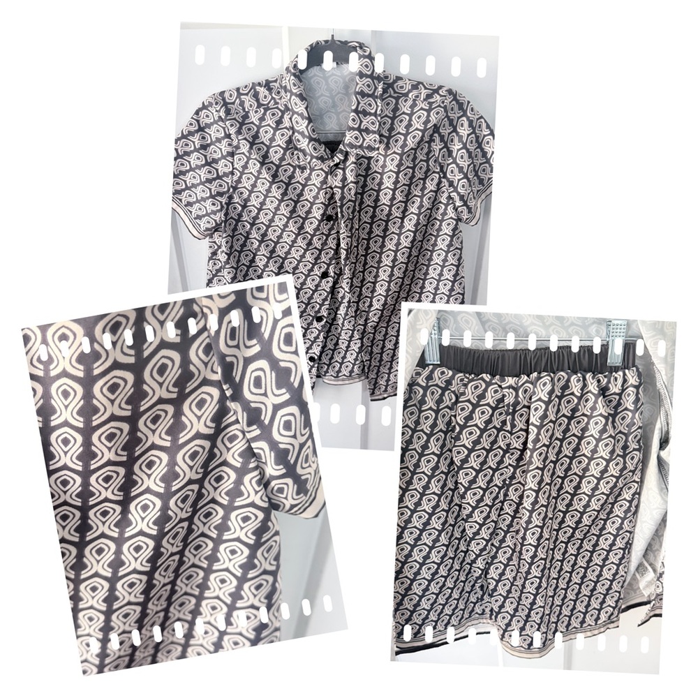 Two-Piece Paisley Print Blouse & Short Set in Black and Cream